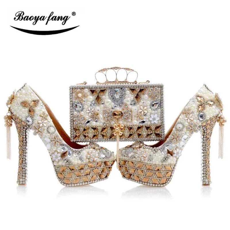 Scarpe da sposa in cristallo di lusso con borse abbinate moda donna Tacchi alti Scarpe da sera da donna scarpe con punta tonda Scarpe con plateau