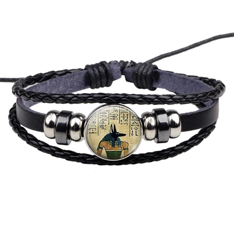 Il Signore dell'Intimo Anubis Cabochon in vetro Gioielli egiziani Bracciale in pelle intrecciata nera Uomo Donna Regalo