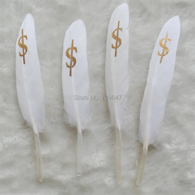 50Pcs/Lot!10-15cm White Goose Feathers with Hand Painted "$" Design,Plume for Art,Craft,Indian,Dreamcatche,Headdress,Mask