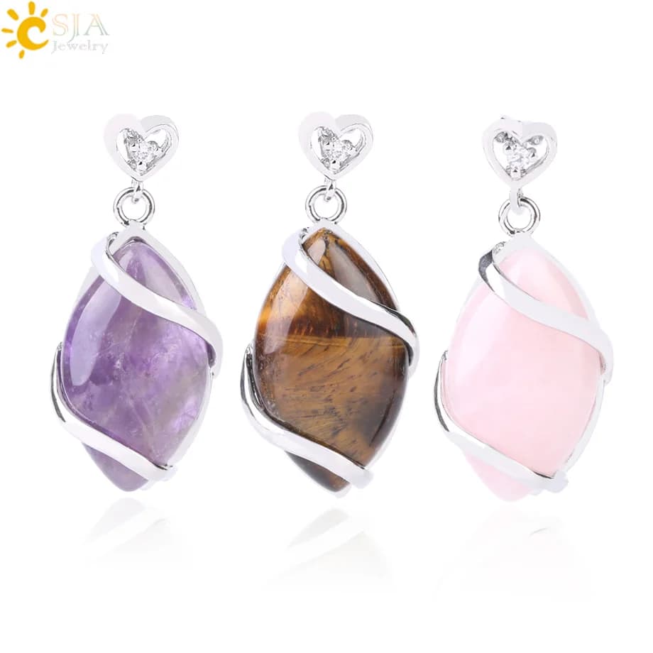 CSJA Classico Ciondolo a Forma di Occhio di Cavallo Pietre Naturali Pendolo Pendenti color Argento per Collane Donna Uomo Gioielli di Moda F562