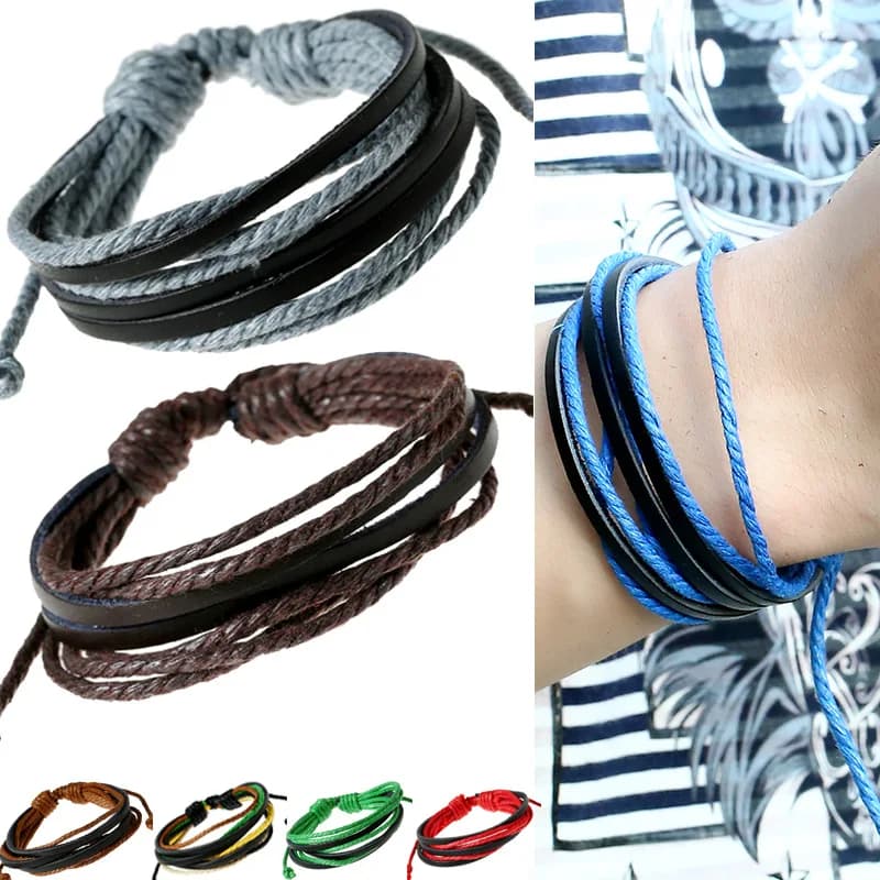 Maschio Bracciali In Pelle per le Donne Degli Uomini Multi Strati Bracciali e Braccialetti Cavo della Cera + Pelle di Mucca Casuale del Ragazzo Della Ragazza Dei Monili 14 Colori