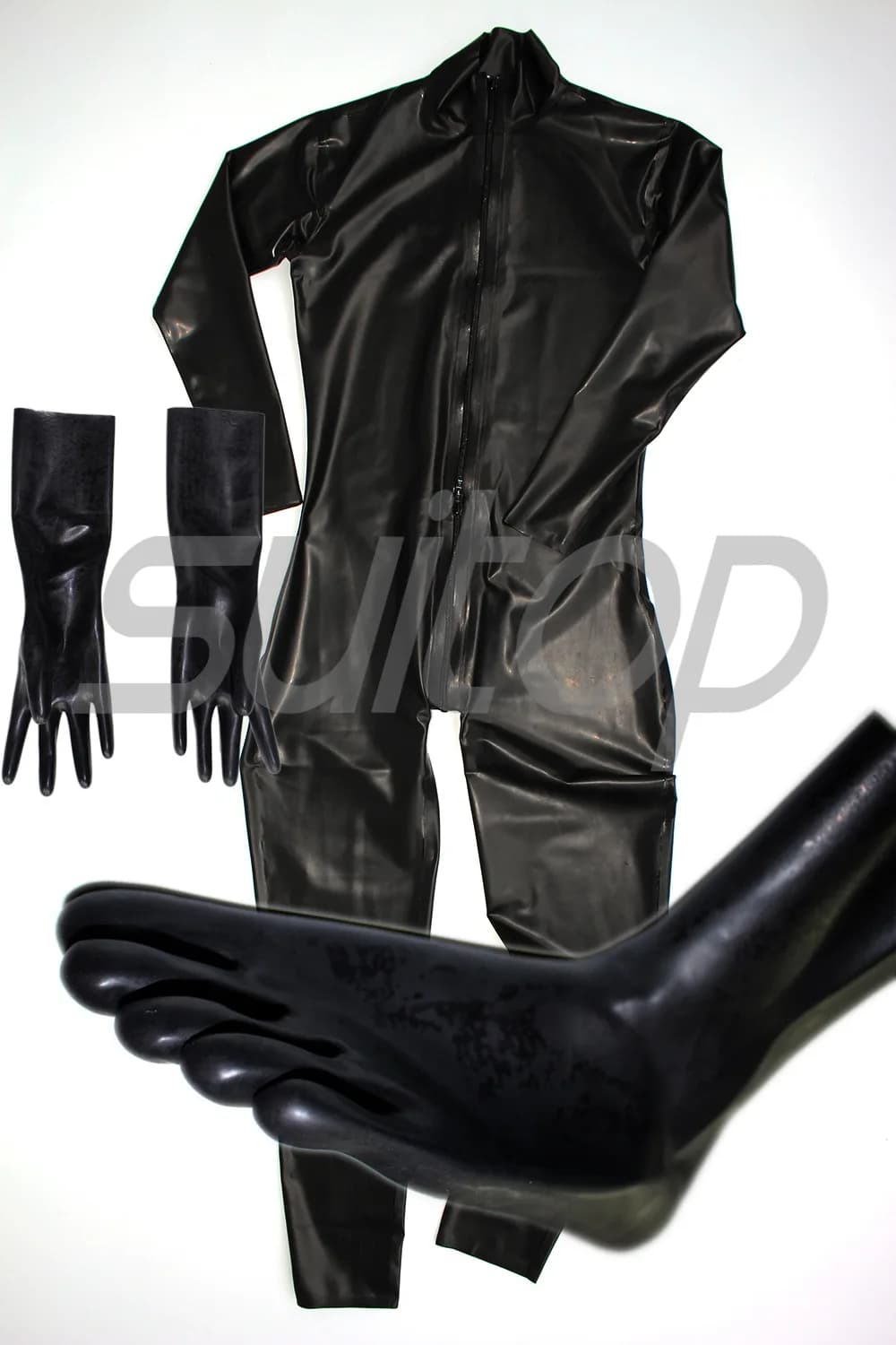 Formato personalizzato nero 0,4mm Maschio di catsuit del lattice con separata calzini della punta (con le dita) e guanti con chiusura zip Anteriore per glutei