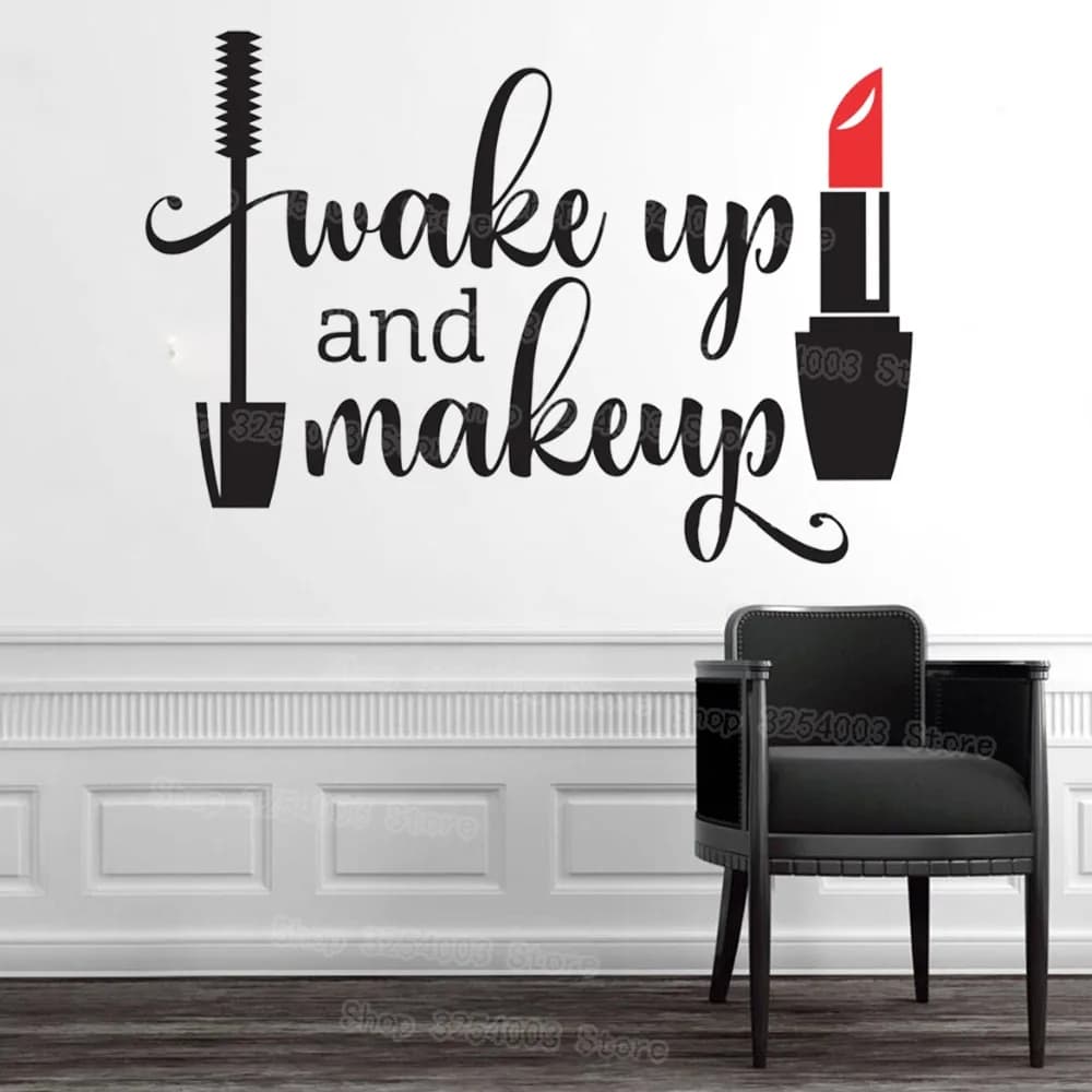 Alarm clock and makeup Wall decals in vinyl Girls Bathroom mirror Decalcomania for makeup Waterproof Lipstick Decalcomanie for mascara Beauty salon S478