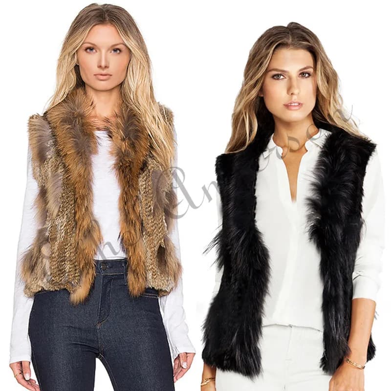 Gilet in Vera Pelliccia di Coniglio per Donna, Giacca Lavorata a Maglia con Collo in Pelliccia di Procione e Nappe in Pelle Naturale, Cappotto Invernale Nero all'Ingrosso