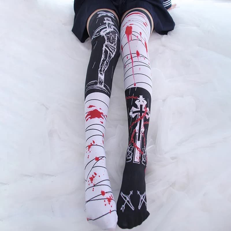Calze Cosplay sottili da donna estive calze alte alla coscia da ragazza Kawaii Harajuku calze in poliestere sopra il ginocchio nere 5S-SW11