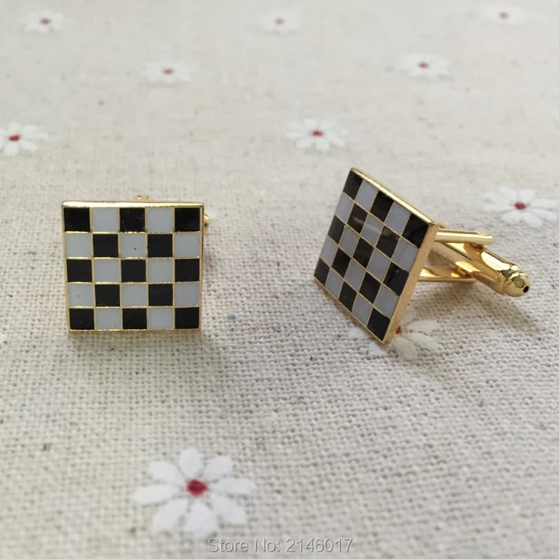 1 Paio di Gemelli Massonici con Motivo a Scacchi Bianco e Nero per Massoni, Gemelli con Strumenti Keystone