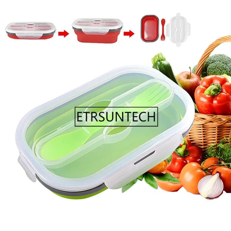 Contenitori pieghevoli per alimenti in silicone Scatole Bento Contenitori per frutta e verdura Contenitori per la preparazione dei pasti Scatola da pranzo pieghevole portatile con forchetta