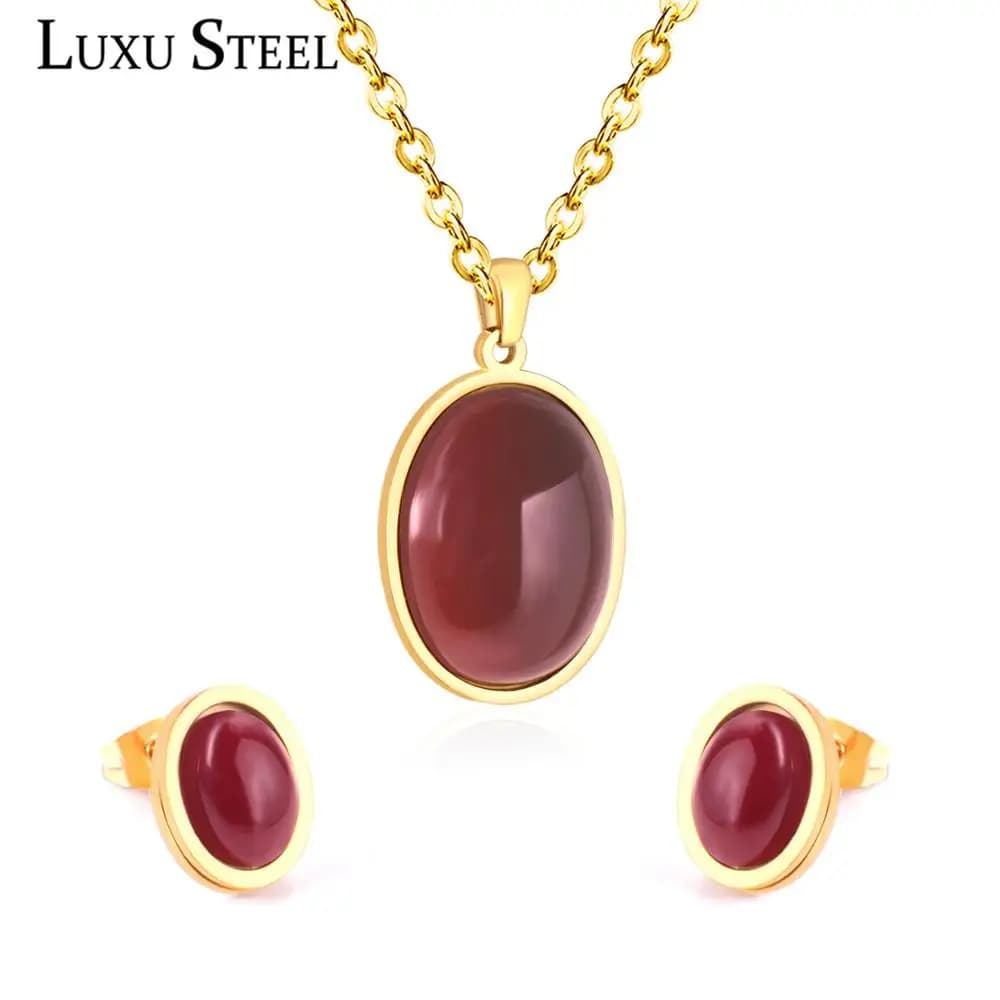 LUXUSTEEL Red Round Pendants Necklace Earring Sets 316L Stainless Steel Pendant Necklace For Women Party Bijoux 2020