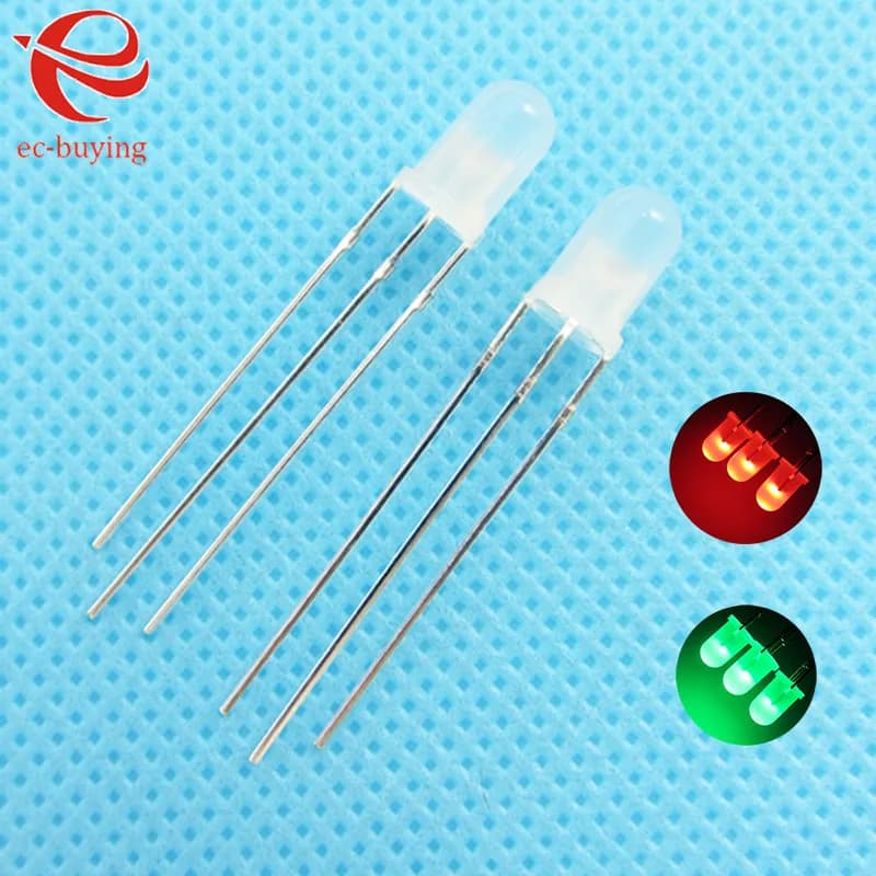 10 pz/lotto F3 3mm LED Bicolore Diffuso Rosso Smeraldo-Verde Anodo Comune Rotondo Diodo a Emissione Luminosa Doppio Effetto Nebbia Kit Fai-da-te Plug-in