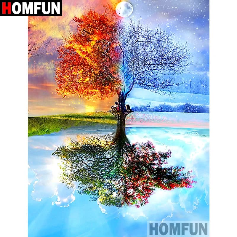 HOMFUN Pieno Quadrato/Rotondo Trapano 5D Pittura Diamante FAI DA TE "Albero Quattro stagioni" Ricamo Punto Croce 5D Complementi Arredo Casa A17021