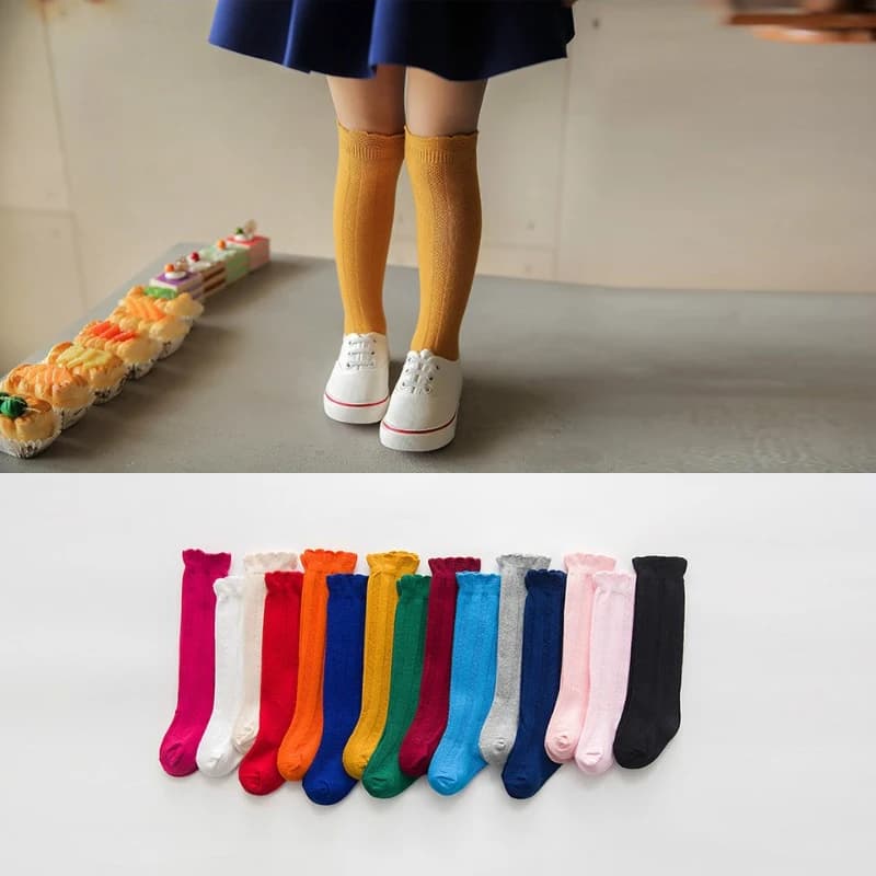 Calzini al ginocchio per neonate Scuola Primavera Autunno Inverno Calzini traspiranti per bambini con doppio ago in pizzo di cotone Solido