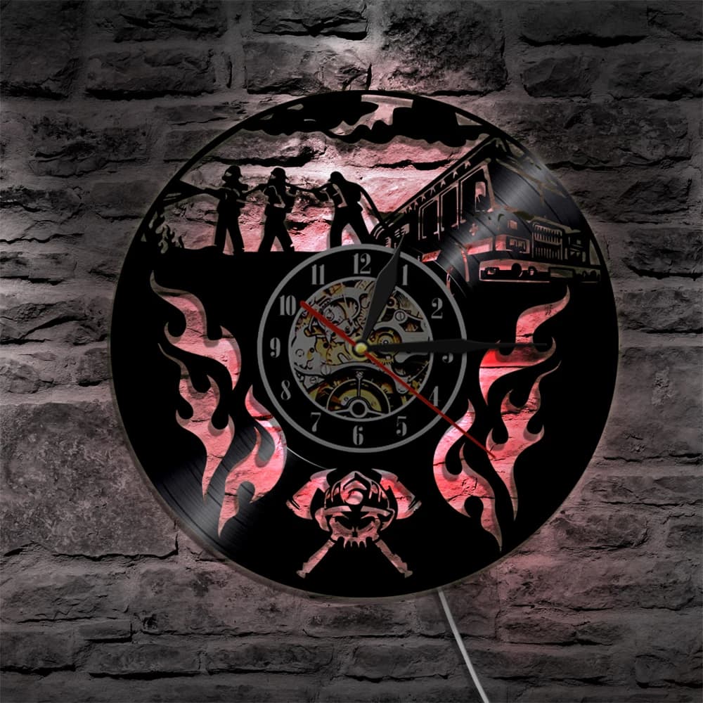 Lampada da Parete LED per Vigili del Fuoco, Orologio da Parete in Vinile, Insegna del Servizio Antincendio, Casco, Asce Incrociate, Silhouette LED