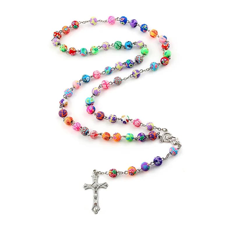 Collana con ciondolo rosario con perline di argilla polimerica colorata da 8mm in lega croce con centrotavola della vergine maria gioielli religiosi cattolici cristiani
