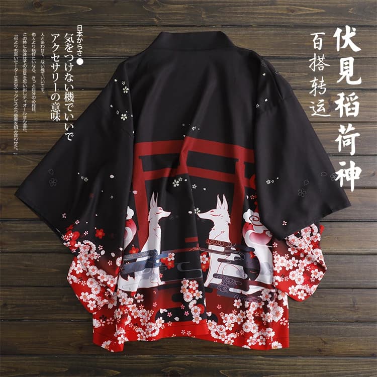 Accappatoio allentato giapponese Fushimi Inari Patronus volpe Colore nero scuro haori estate Protezione solare kimono art cosplay DA037