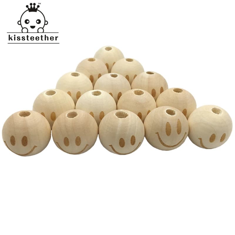 Kissteether 20mm Collana rotonda Perline di legno Volto sorridente Incompiuto Massaggiagengive per bambini Dentizione Accessori fai da te Perline Giocattolo per allattamento