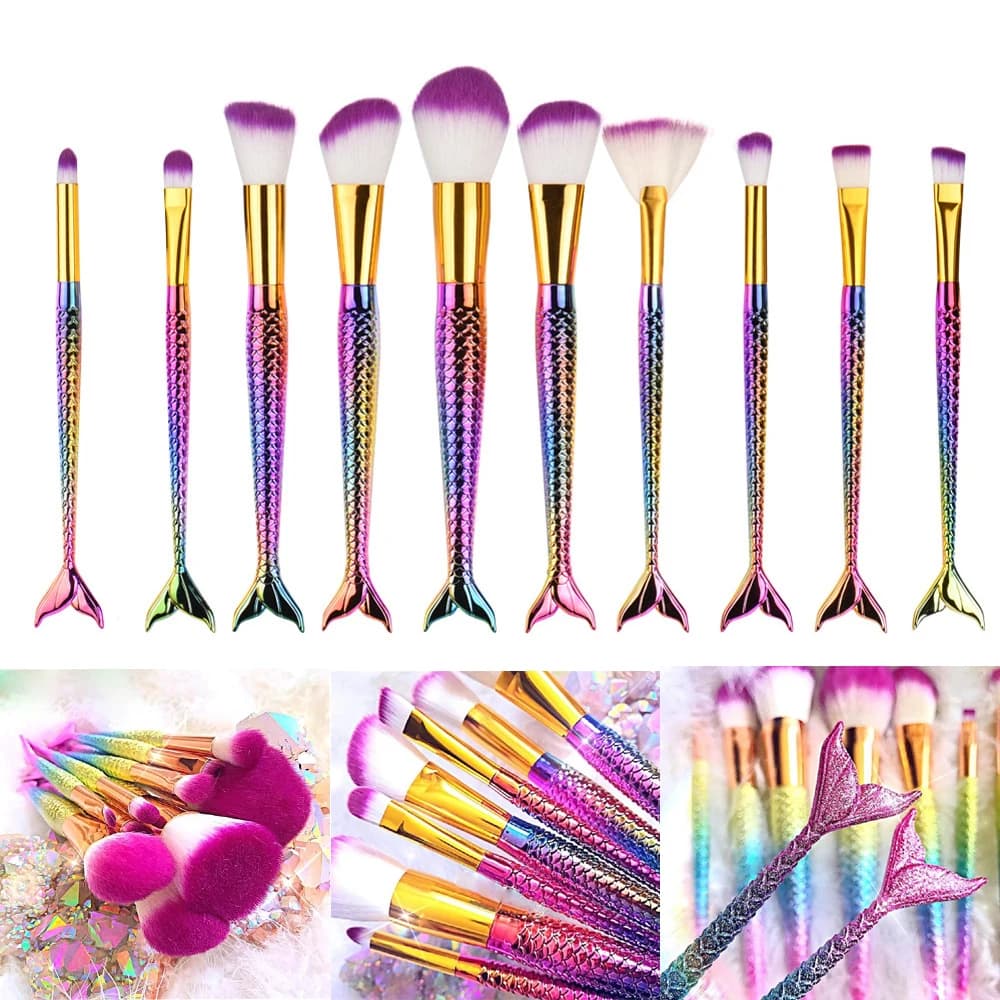 10PCS Fish Makeup Brush Mermaid Figure Balancing Base Products Eyebrow In Powder Unicorn Makeup Brushes Contour Blending Cosmetic Brushes