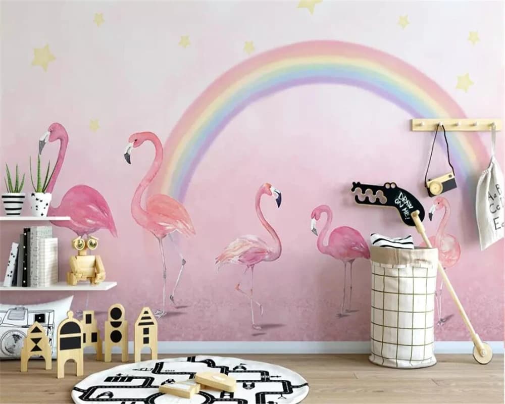 Carta da parati personalizzata Dipinta a mano con fenicotteri, unicorni e arcobaleni, carta da parati per cameretta dei bambini, carta da parati 3D per parete di fondo dell'asilo