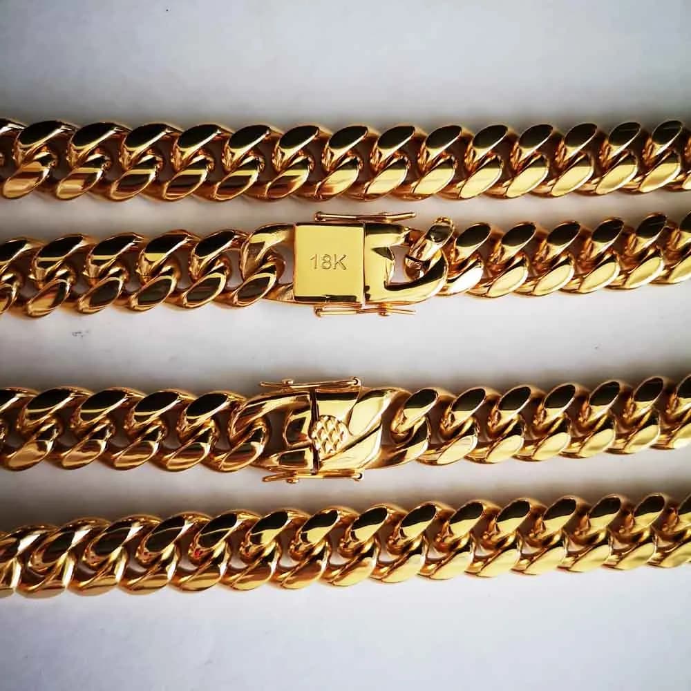 14mm in acciaio inox Miami Curb Cuban Chain Link collana bracciale ragazzi uomini placcato oro 18 carati Hip Hop Dragon Lock chiusura gioielli