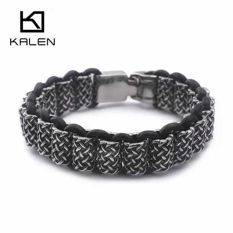 KALEN Vintage Black Leather Link Bracelets Men Stainless Steel Rectangle Box Chain Wristband Bracelet Homme Hip Hop Jewelry