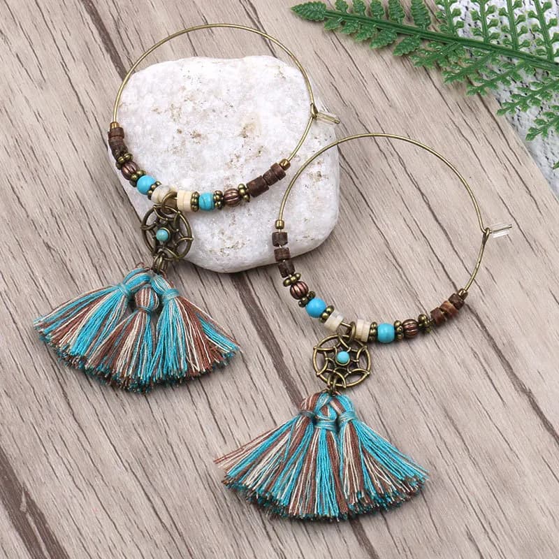 Bohemian Dreamcatcher Cotton Tassel Pendant Hoop Earrings for Women Boho Ethnic Beads Big Circel Drop Ear Cuff Earrings Jewelry