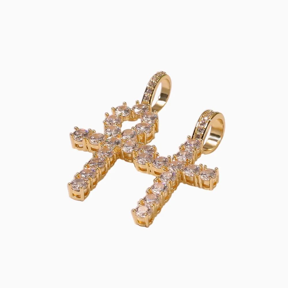 Hip Hop AAA CZ Pietre Bling Ice Out Ankh Collana con croce Due pendenti set Gioielli da rapper da uomo con catena cubana da 24 pollici