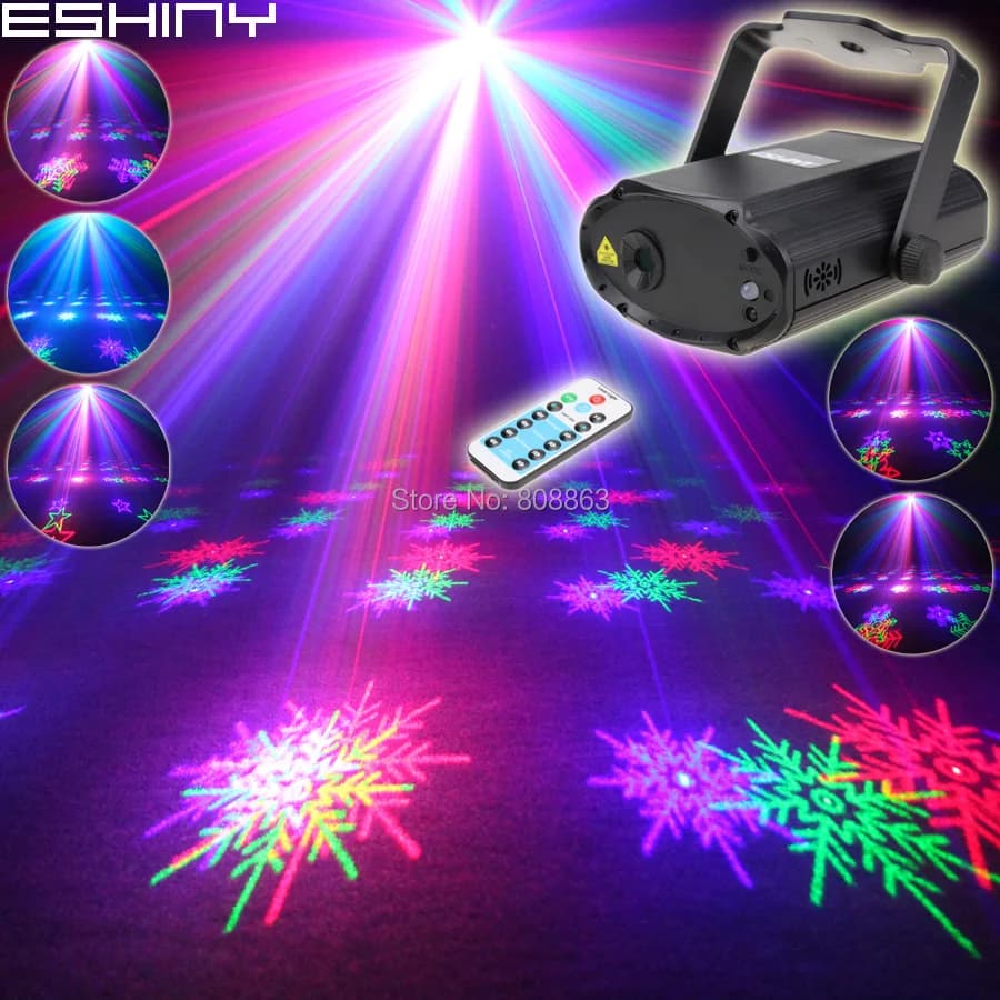 ESHINY NUOVO Proiettore Laser RGB Mini con Telecomando, 6 Motivi a Fiocco di Neve, Illuminazione per DJ, Ambienti, Discoteche, Bar, Feste, Natale T183D2