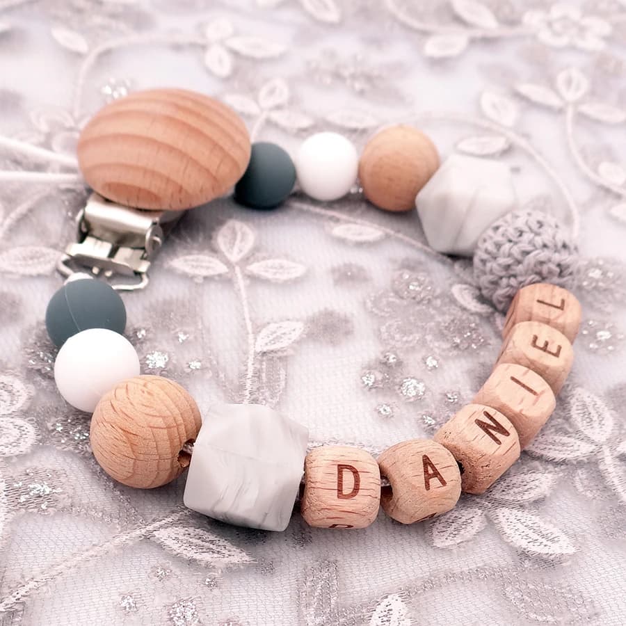 Clip per ciuccio in legno di silicone con nome personalizzato gratuito fatto a mano Catena per dentizione sicura Massaggiagengive per bambini Porta clip ciuccio ecologico
