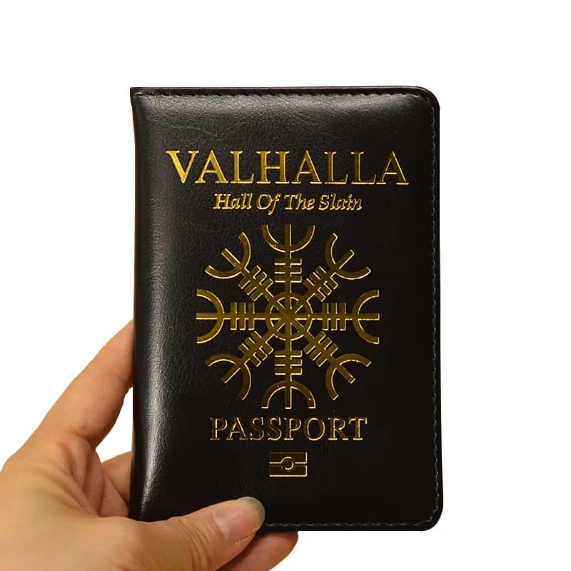 Valhalla Copertina per passaporto Storia mitologica Copertina per portafoglio da viaggio per passaporti Custodia nera in pelle PU Protezione per passaporto