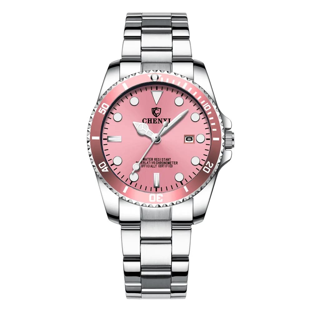 Chenxi Top Brand Women Dress Watches Pink Silver Full Stainless Steel Watch Calendar Business Quartz Clock Female Wristwatches