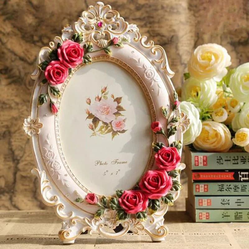 Cornice Portafoto da 6 e 7 Pollici in Stile Europeo con Fiori di Rosa in Resina, Cornici Ovali e Rettangolari per Regali di Nozze e Decorazioni per la Casa