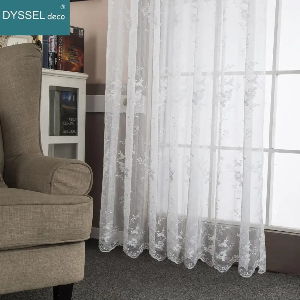 Occhiello tascabile per asta per tenda trasparente con ricamo floreale bianco dorato, trattamento decorativo per finestre per la casa, per soggiorno