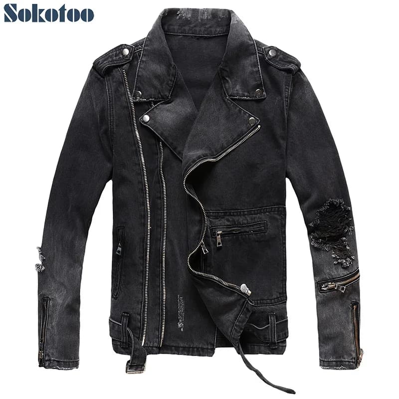 Sokotoo degli uomini cerniere black denim jean biker giacca per moto D'epoca spallina fori strappato distressed cappotto