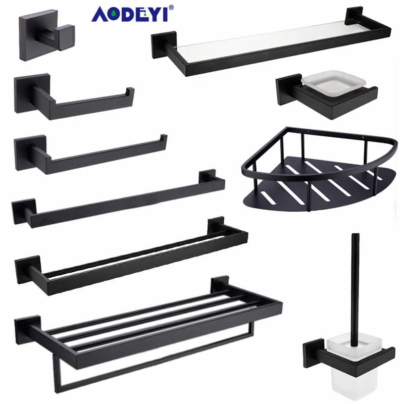 Set di accessori per il bagno Gancio per accappatoio nero Portasciugamani Mensola per barra Porta carta igienica Porta spazzolino Accessori per il bagno
