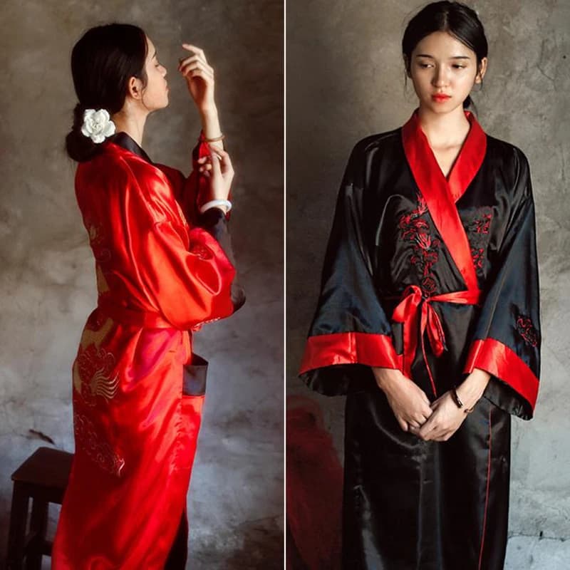 Women's Reversible Black Red Kimono Yukata Satin Embroidery Dragon Night Shirt One Size Dress Two Side Nightwear