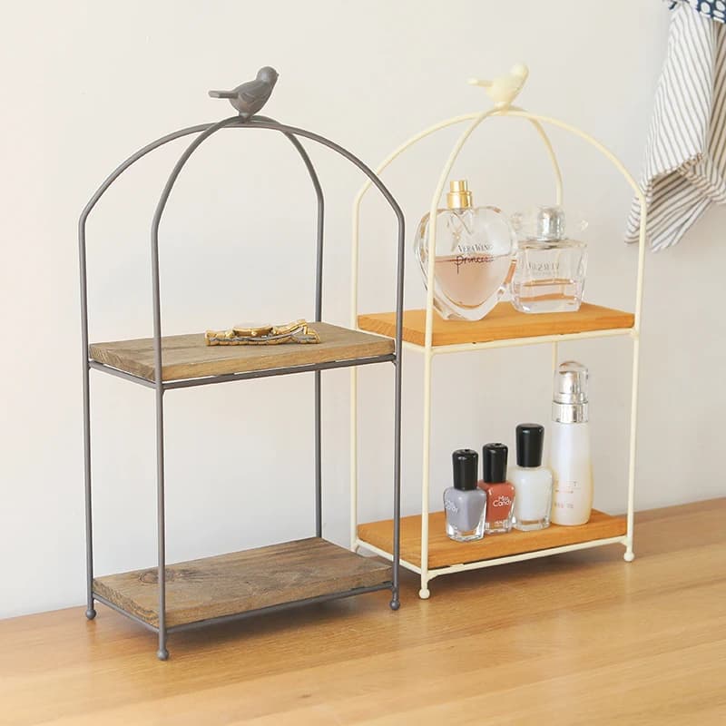 Wrought Iron Double-Layer Storage Rack, Solid Wood Board Bird Desktop Rack, Kitchen Bathroom Cosmetics Finishing Rack