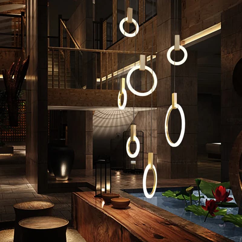 Lampada a sospensione a LED rotonda anello PMMA illuminazione a sospensione sala da pranzo ristorante scala dell'hotel lampada a sospensione in legno a baldacchino lungo