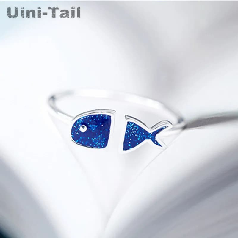 Hot 925 sterling silver blue fish opening ring female fashion Korean version of the simple cute little finger jewelry gift