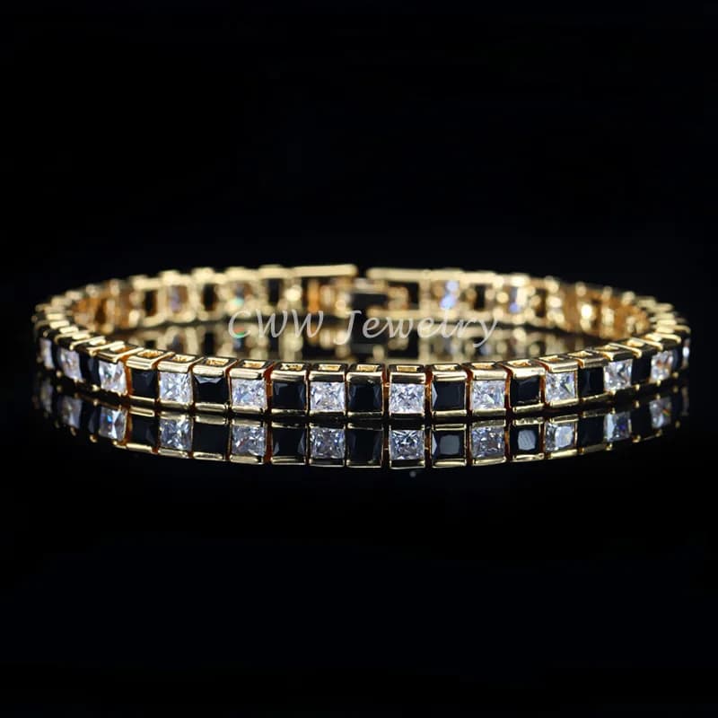 CWWZircons Exquisite Yellow Gold Color Square Cut Fashion Women Jewelry Cubic Zirconia Crystal Tennis Bracelet for Party S0058