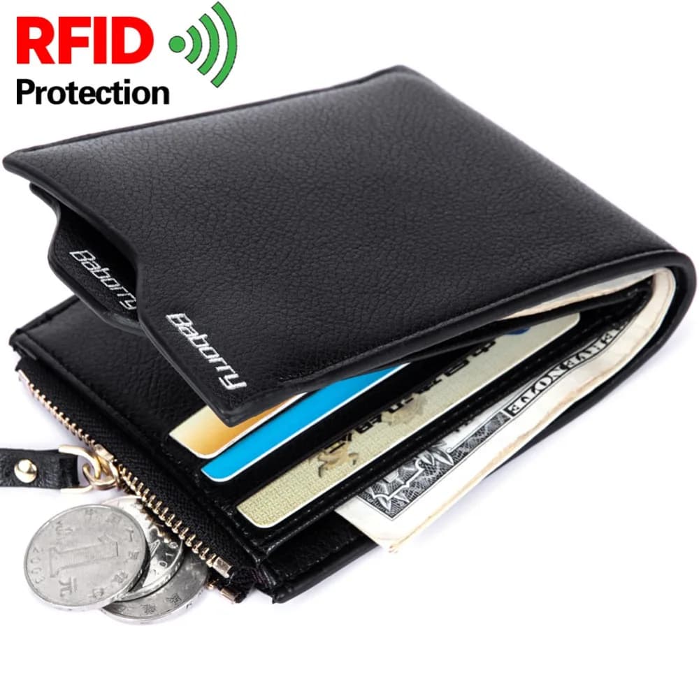 RFID Theft Protect Coin Bag Zipper Portafogli da uomo Portafogli Portafogli da uomo in pelle PU con portamonete con blocco RFID
