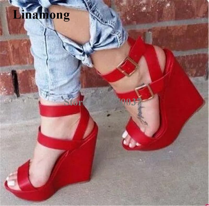Sandals with wedge with high plateau in red leather with open tip and fashionable woman design, straps with ankle buckle, sandals with increased height, club shoes