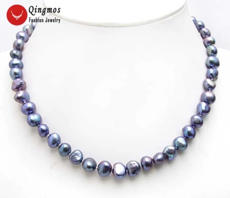 Qingmos 8-9mm Baroque Natural Freshwater Black Pearl Necklace for Women Jewelry Pearl Chokers Fine Jewelry 17'' nec6141
