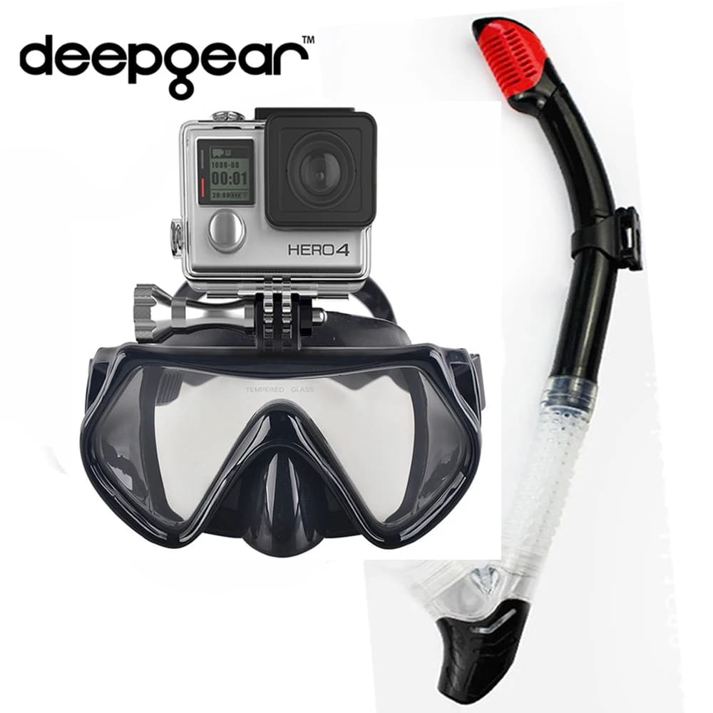 DEEPGEAR CAMAERA SET SNORKEL temperato scuba diving mask silicone nero adulto diving mask snorkel dry Top sport nautici dive gears