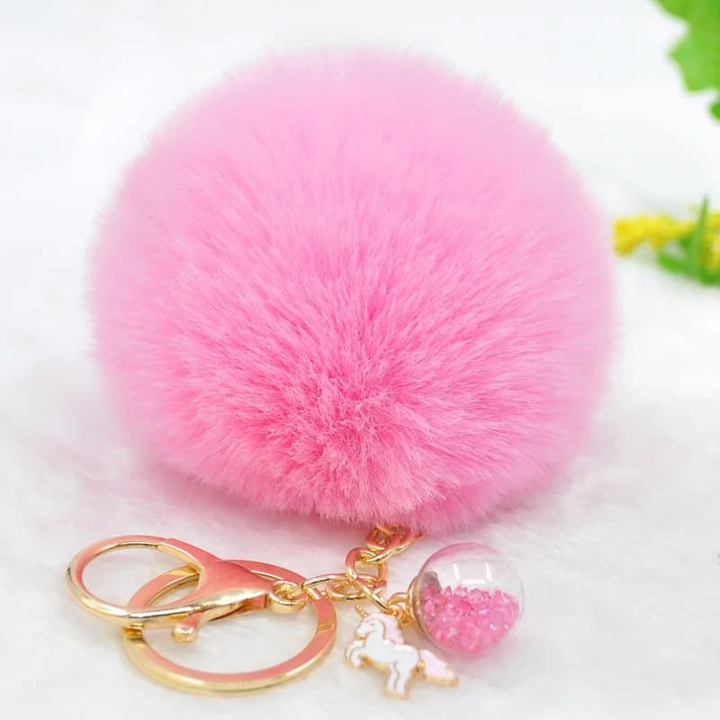 Portachiavi con pompon in pelliccia soffice, portachiavi con unicorno, ciondolo in cristallo femminile, portachiavi con pompon per borsa per auto, gingillo, regalo per feste