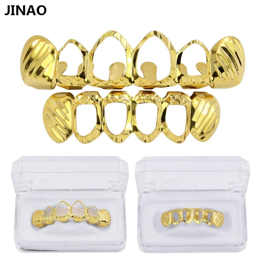 JINAO New Fit d-cut Grillz Set denti superiori e inferiori placcati in oro puro 4 griglie Hip-Hop aperte Set di griglie a denti cavi