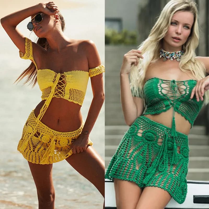Gonna a fiori all'uncinetto a mano costumi da bagno da donna costumi da bagno Sexy da spiaggia coprispalle gonna stile Boho nappe elastiche in vita