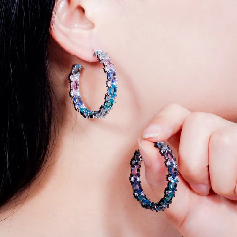 Pera Oval Light Bule Cubic Zirconia Black Gold Plated Rainbow Mystic Big Circle Round Hoop Earrings Jewelry for Women E409