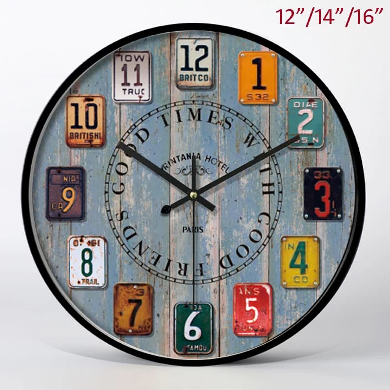Antique Style Light Blue Wood And Arabic Numerals Face With Black Iron Framed Home Decor 14 Inches Round MDF Wall Clock