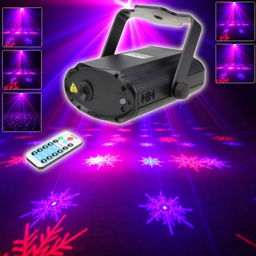 ESHINY Proiettore Laser Rosso Blu con 6 Motivi a Fiocco di Neve, Luce per Discoteca, Bar, Feste in Famiglia, Natale, DJ, Lampada d'Ambiente T167D3