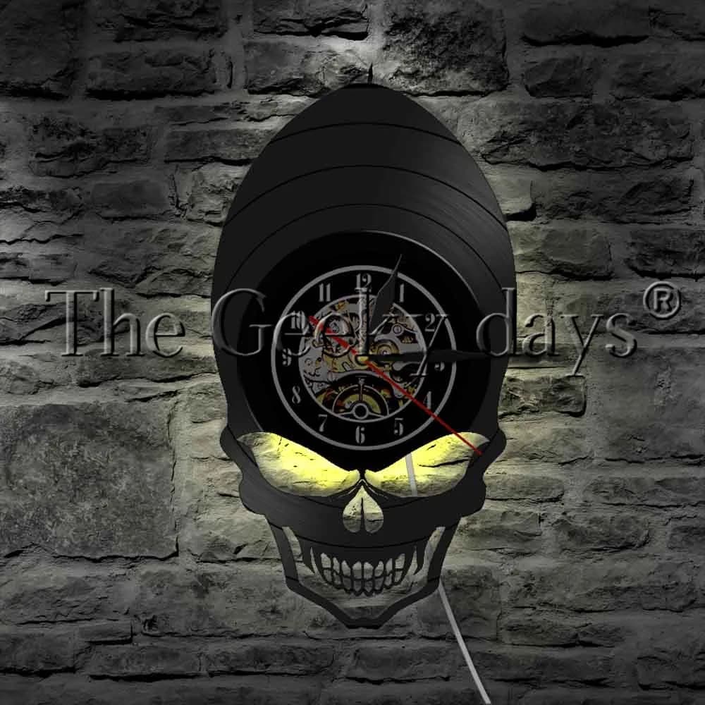 Alien Skull Vinyl Record orologio da parete Hippie Skull Wide guancies Eyes Skeleton LED Night Light Halloween Horror Decor