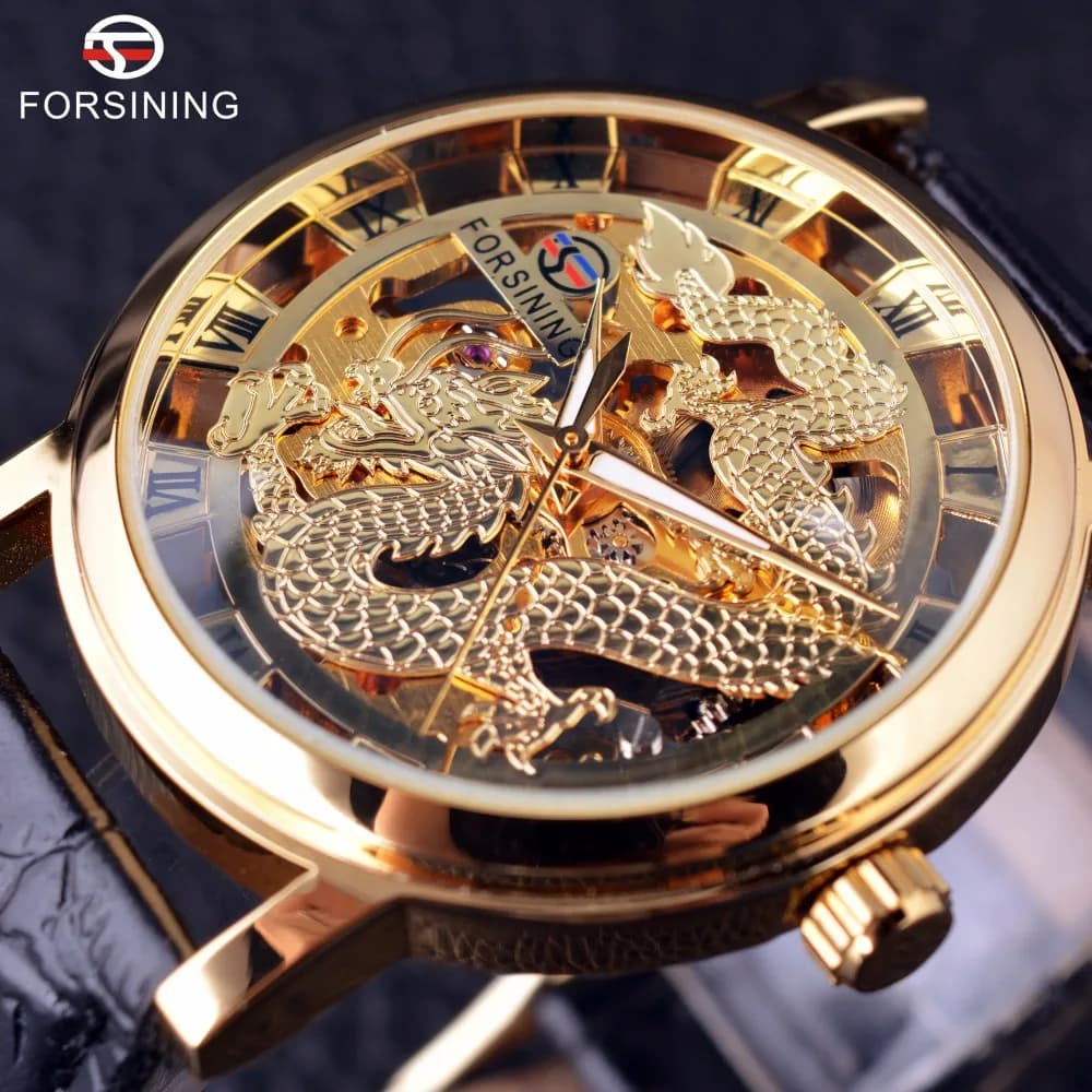 Forsining Chinese Dragon of Drawing Case Transparent Gold Watch Mens Watches Top Brand Luxury Male Mechanic wristwatch